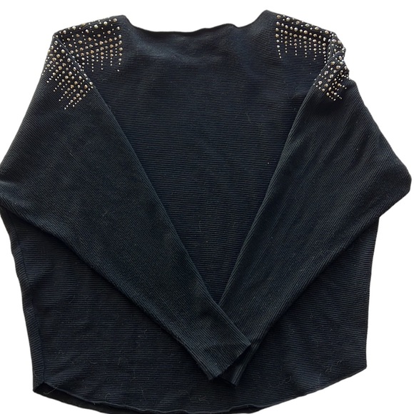 Vila Milano Black Rib Knit Sweater with Rhinestones Long Raglan Sleeves L - Picture 2 of 4